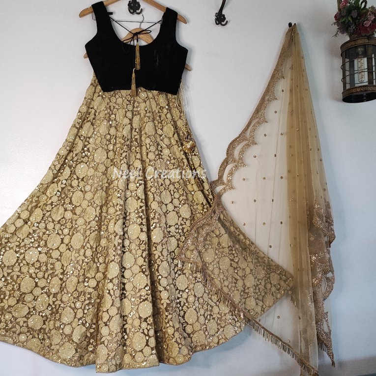 Thread embroidery net skirt with velvet blouse and designer dupatta. Made to order for women girls designer lehenga - Neel Creations By Saanvi