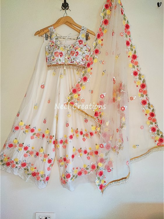 White floral embroidered flared sharara set. - Neel Creations By Saanvi