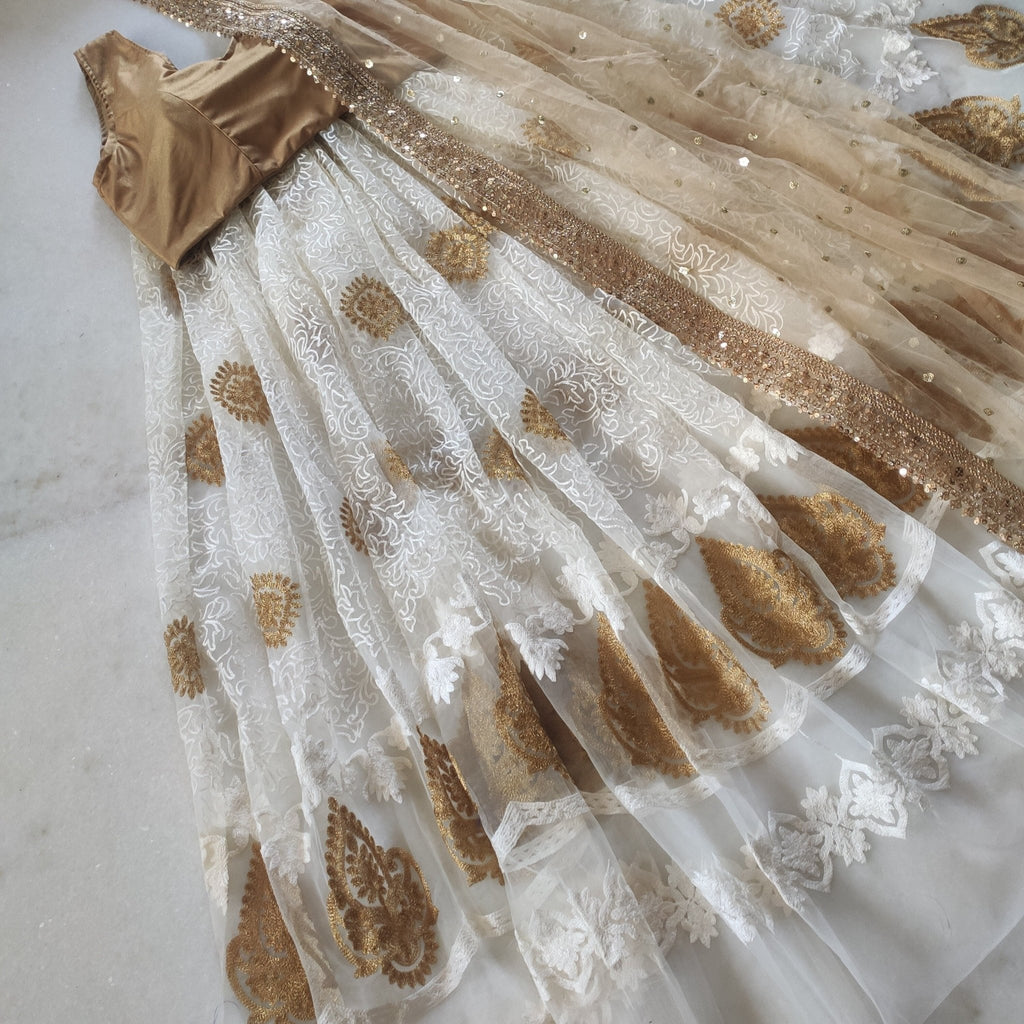 White gold custom made skirt blouse dupatta. Lehenga choli dupatta custom made to measure. - Neel Creations By Saanvi
