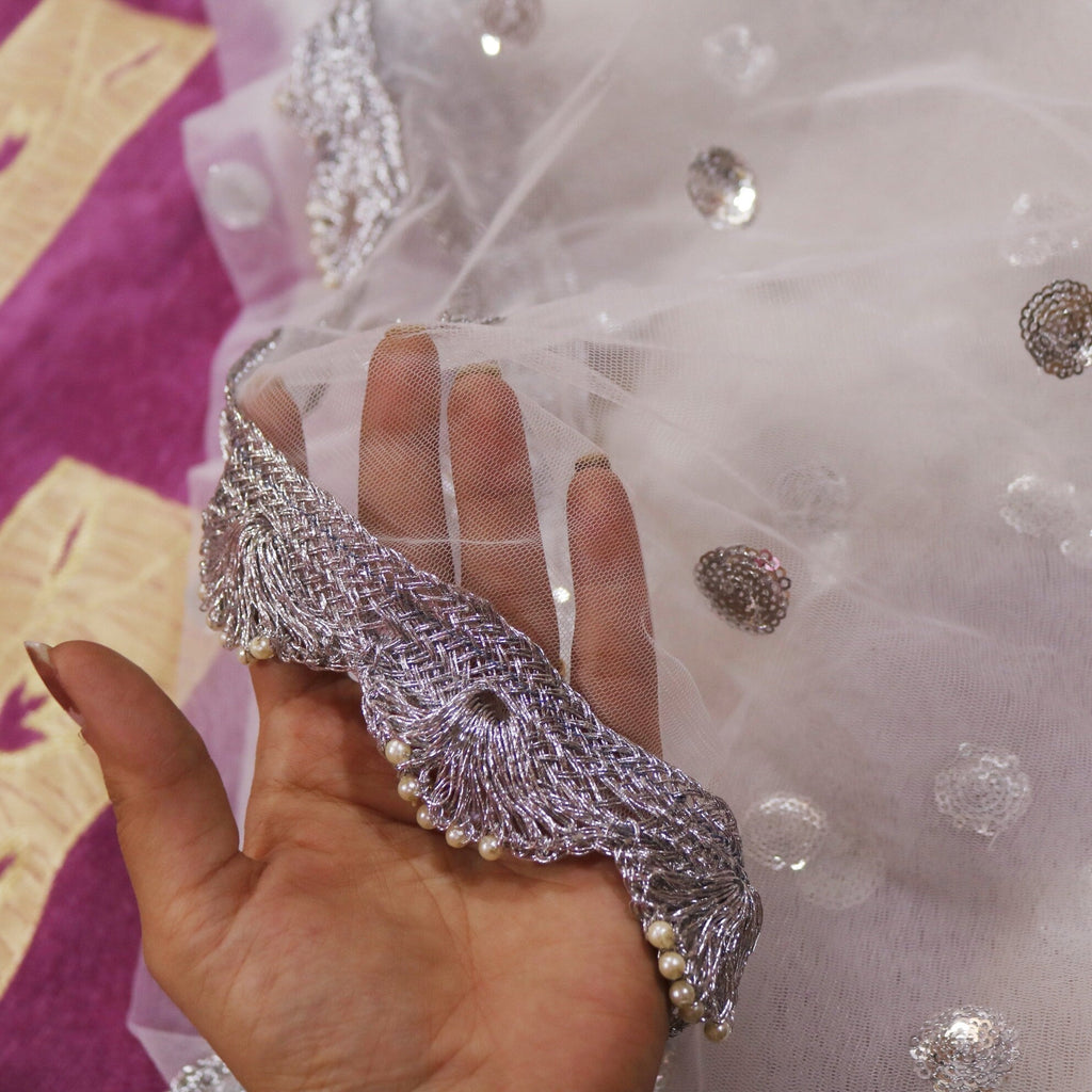 White silver Indian Wedding Dupatta long net embroidered scarf Punjabi dress dupattas with zari embroidery chunni lehenga stole - Neel Creations By Saanvi