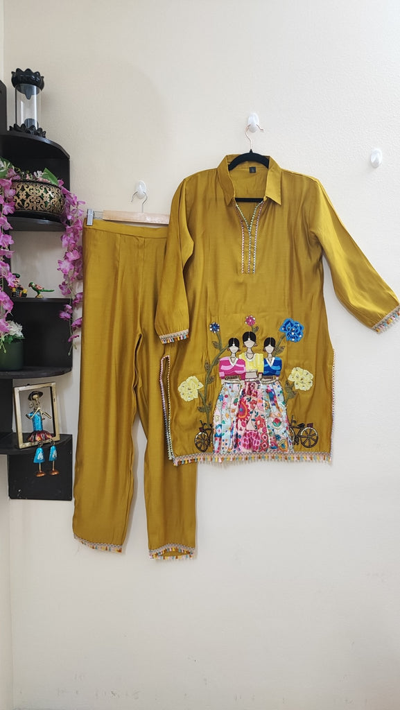 Yellow Co-ord set with doll embroidery. Designer pant and shirt set - Neel Creations By Saanvi