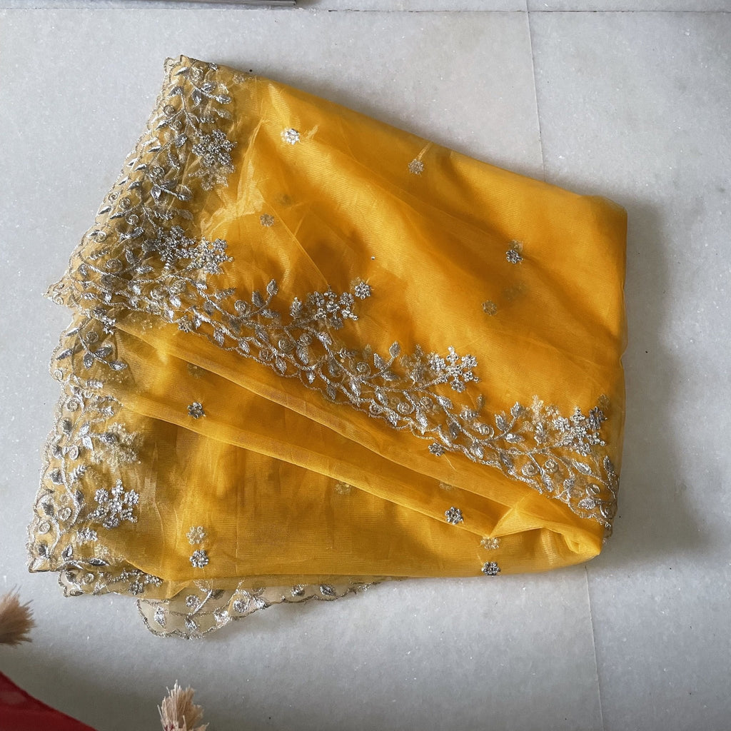 Yellow net dupatta with silver embroidery. Indian dress dupatta - Neel Creations By Saanvi